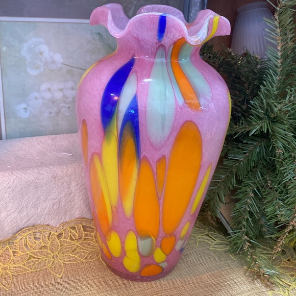 Murano Other - Murano?  12" Pink Yellow Blue and Red Hand Blown Crimped Edge
